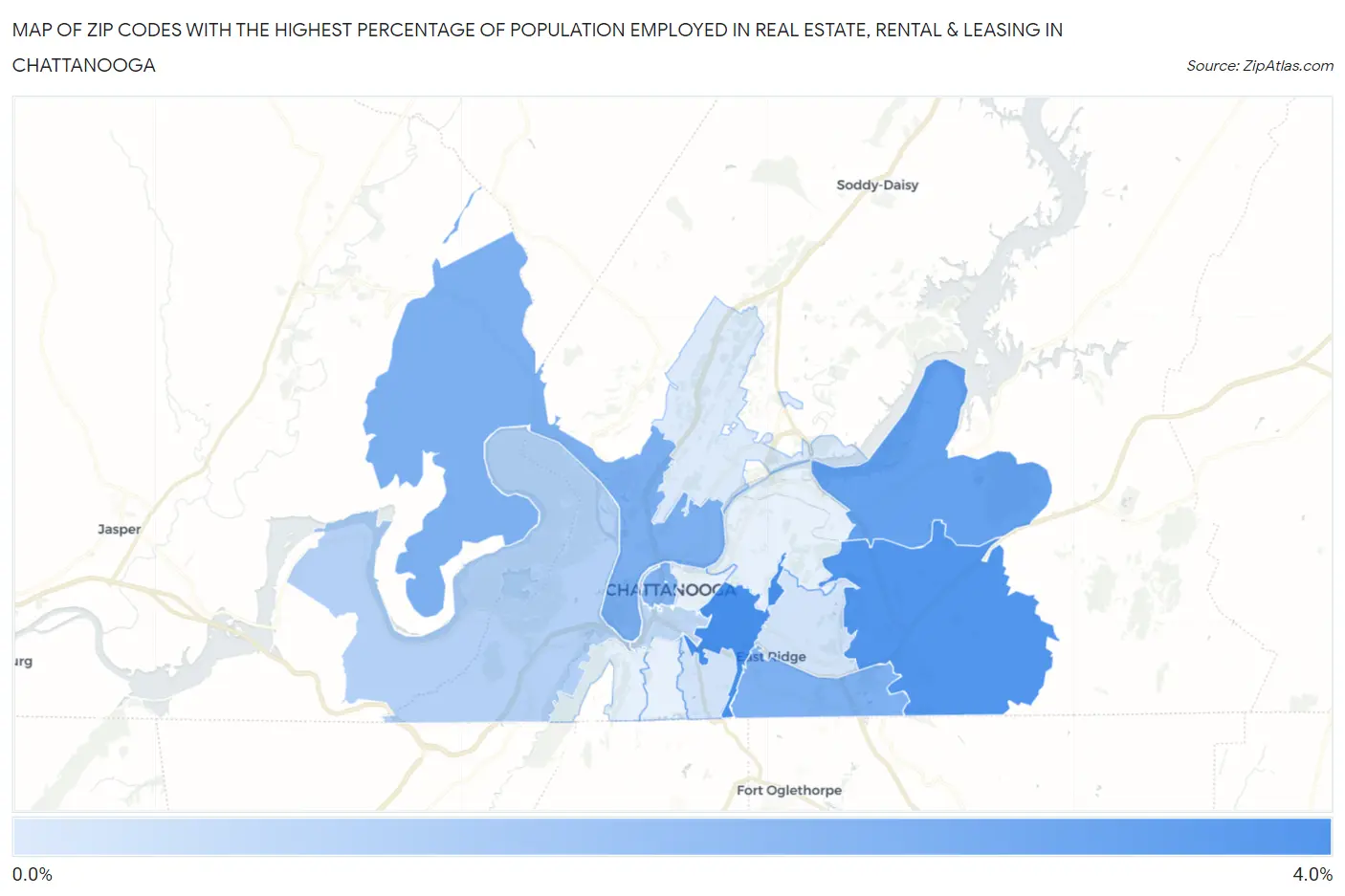 Zip Codes with the Highest Percentage of Population Employed in Real Estate, Rental & Leasing in Chattanooga Map
