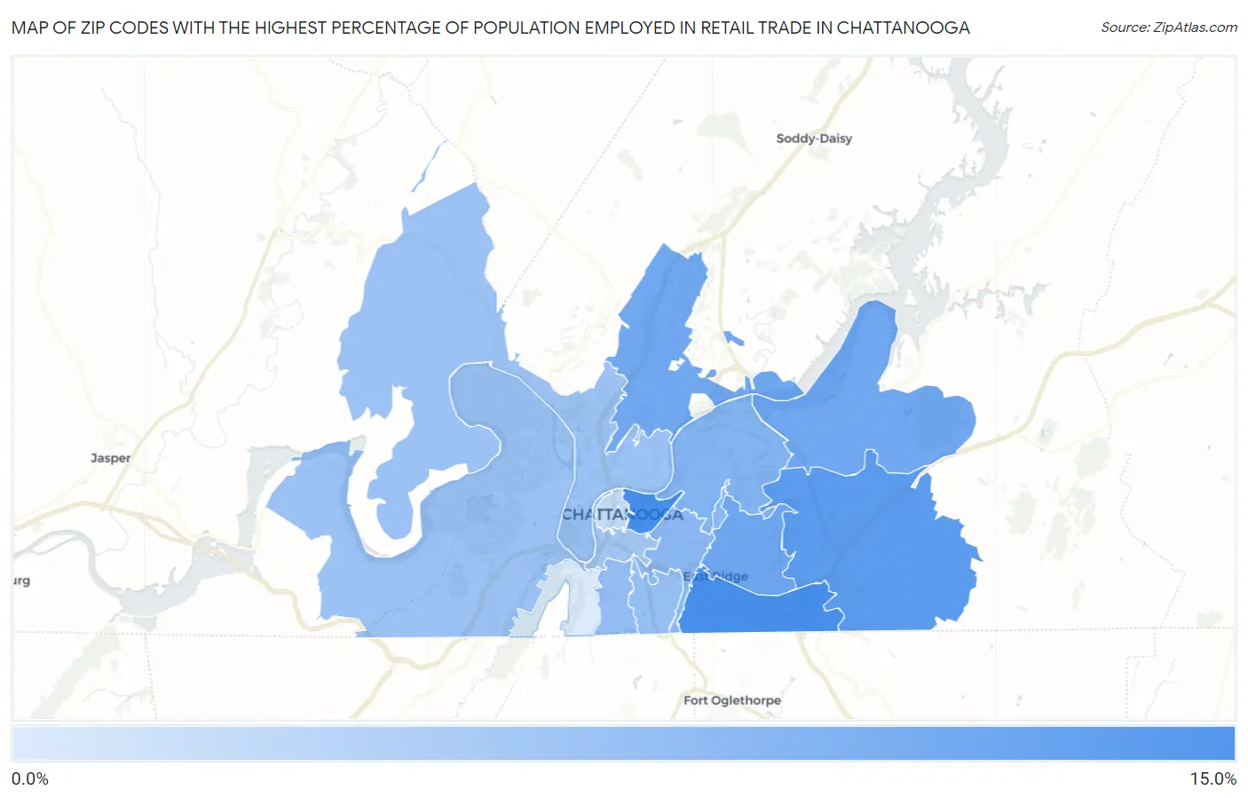 Zip Codes with the Highest Percentage of Population Employed in Retail Trade in Chattanooga Map