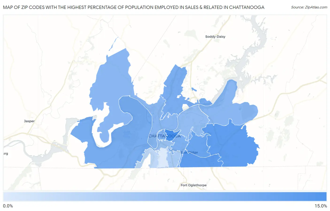Zip Codes with the Highest Percentage of Population Employed in Sales & Related in Chattanooga Map