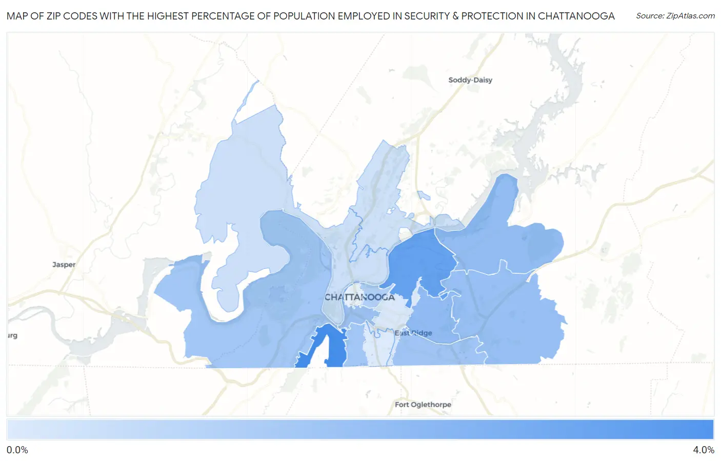 Zip Codes with the Highest Percentage of Population Employed in Security & Protection in Chattanooga Map