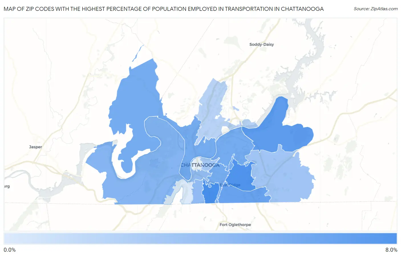 Zip Codes with the Highest Percentage of Population Employed in Transportation in Chattanooga Map