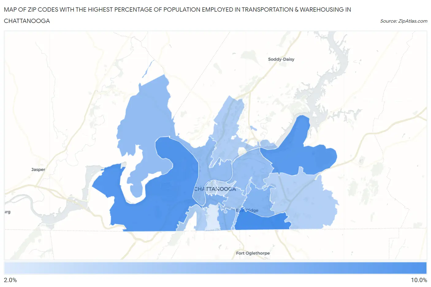 Zip Codes with the Highest Percentage of Population Employed in Transportation & Warehousing in Chattanooga Map