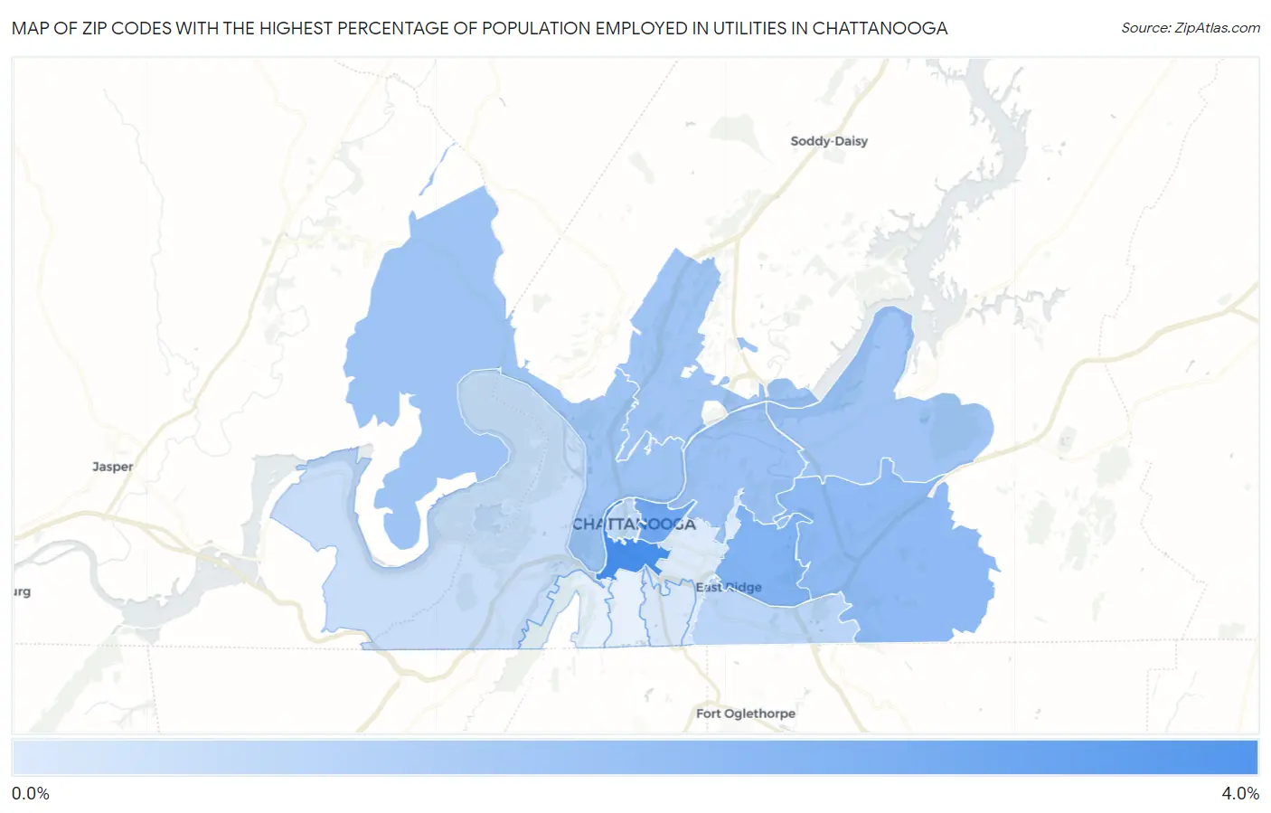 Zip Codes with the Highest Percentage of Population Employed in Utilities in Chattanooga Map
