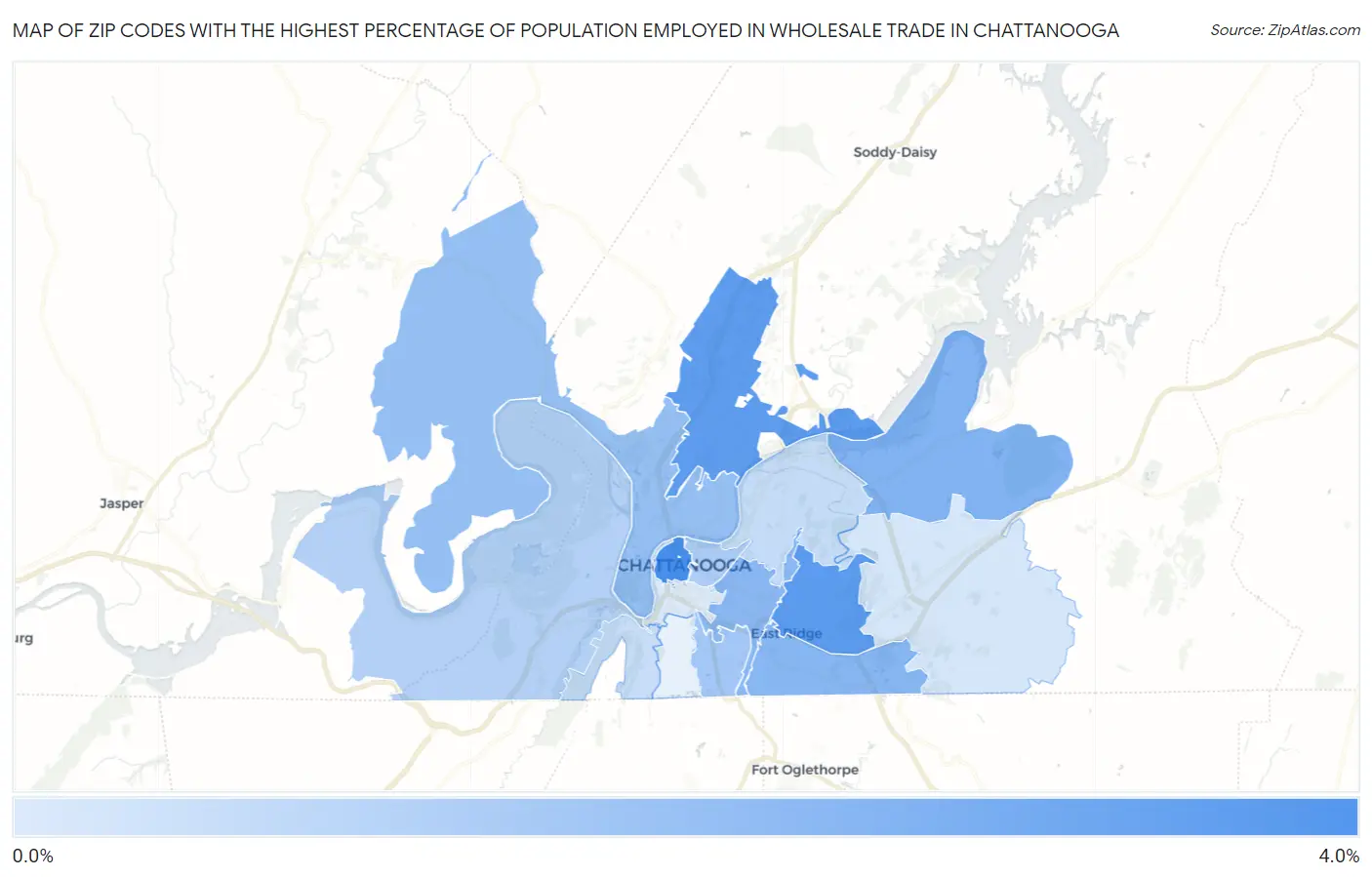 Zip Codes with the Highest Percentage of Population Employed in Wholesale Trade in Chattanooga Map