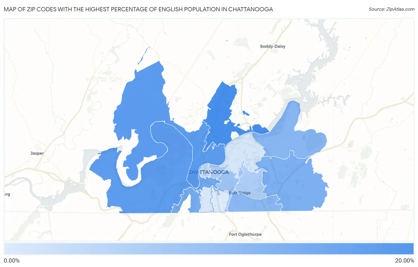 Zip Codes with the Highest Percentage of English Population in Chattanooga Map