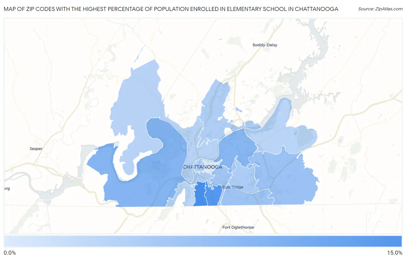 Zip Codes with the Highest Percentage of Population Enrolled in Elementary School in Chattanooga Map