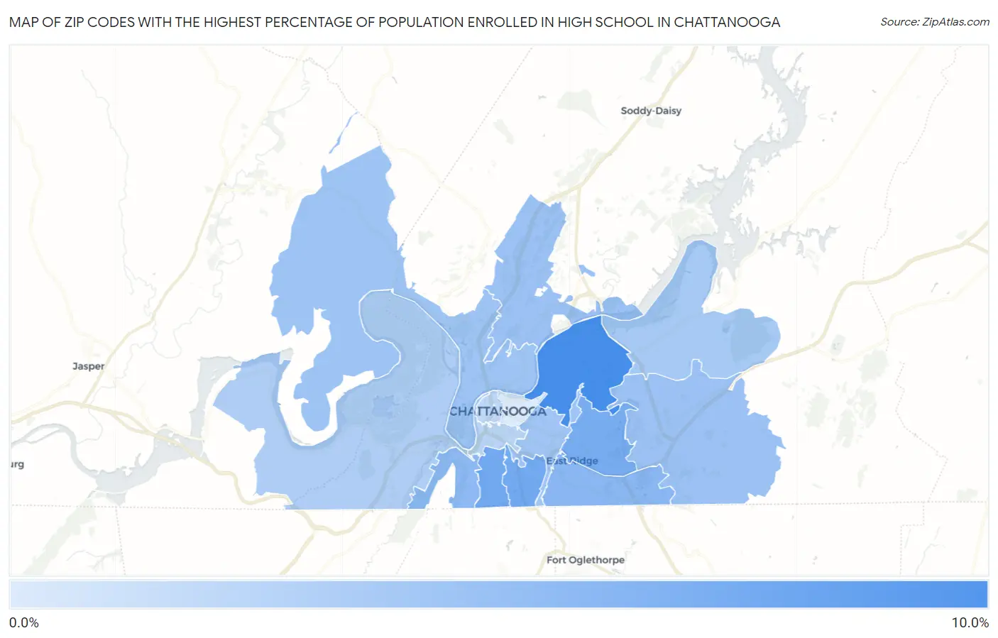 Zip Codes with the Highest Percentage of Population Enrolled in High School in Chattanooga Map
