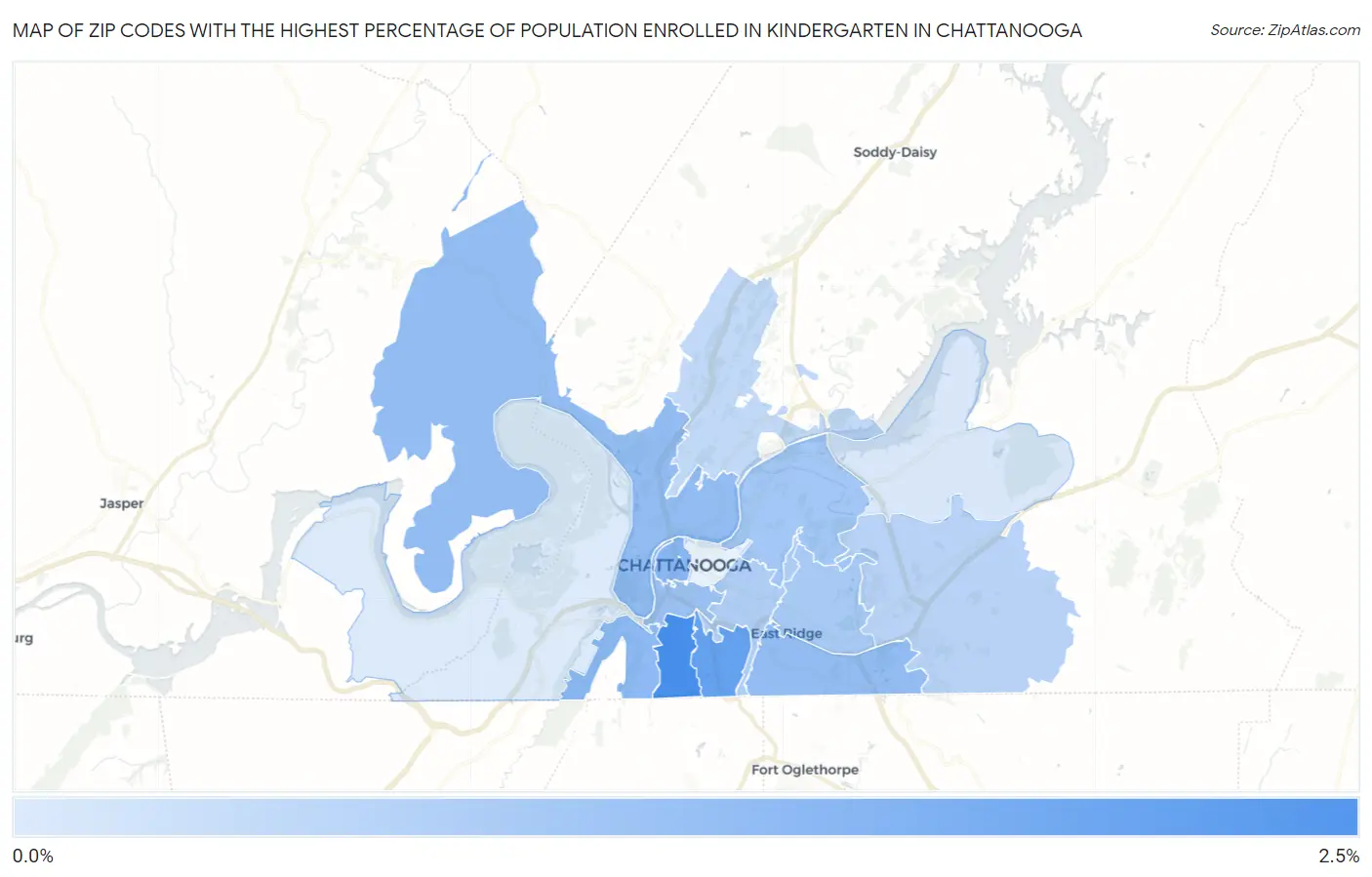 Zip Codes with the Highest Percentage of Population Enrolled in Kindergarten in Chattanooga Map
