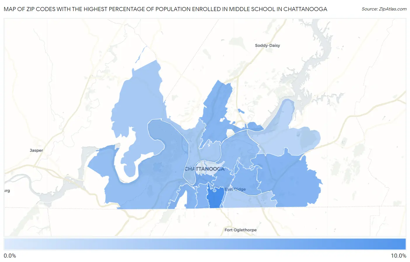 Zip Codes with the Highest Percentage of Population Enrolled in Middle School in Chattanooga Map