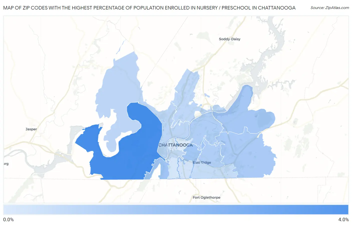 Zip Codes with the Highest Percentage of Population Enrolled in Nursery / Preschool in Chattanooga Map