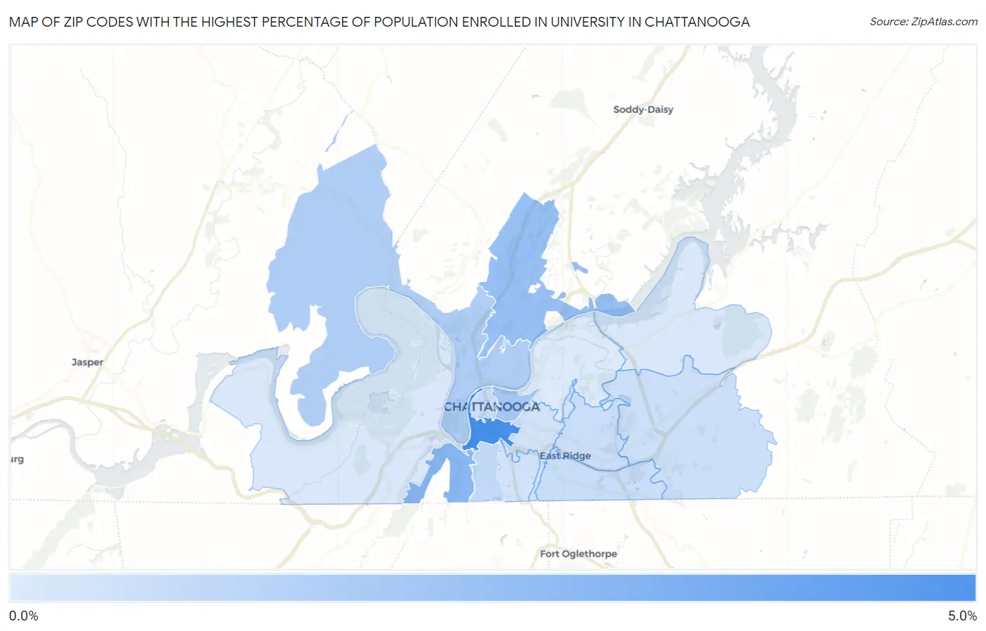 Zip Codes with the Highest Percentage of Population Enrolled in University in Chattanooga Map