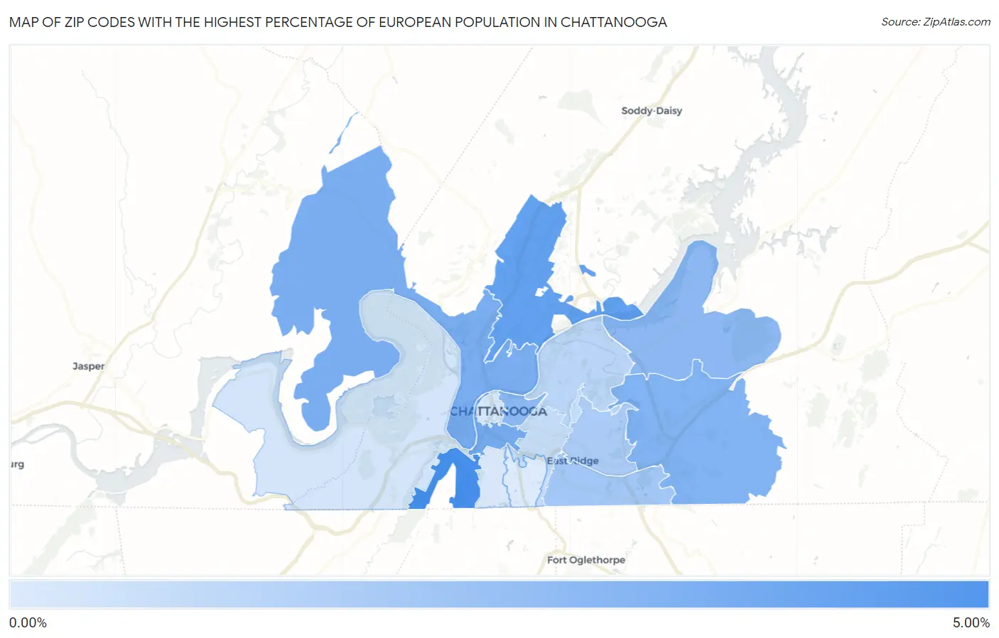 Zip Codes with the Highest Percentage of European Population in Chattanooga Map