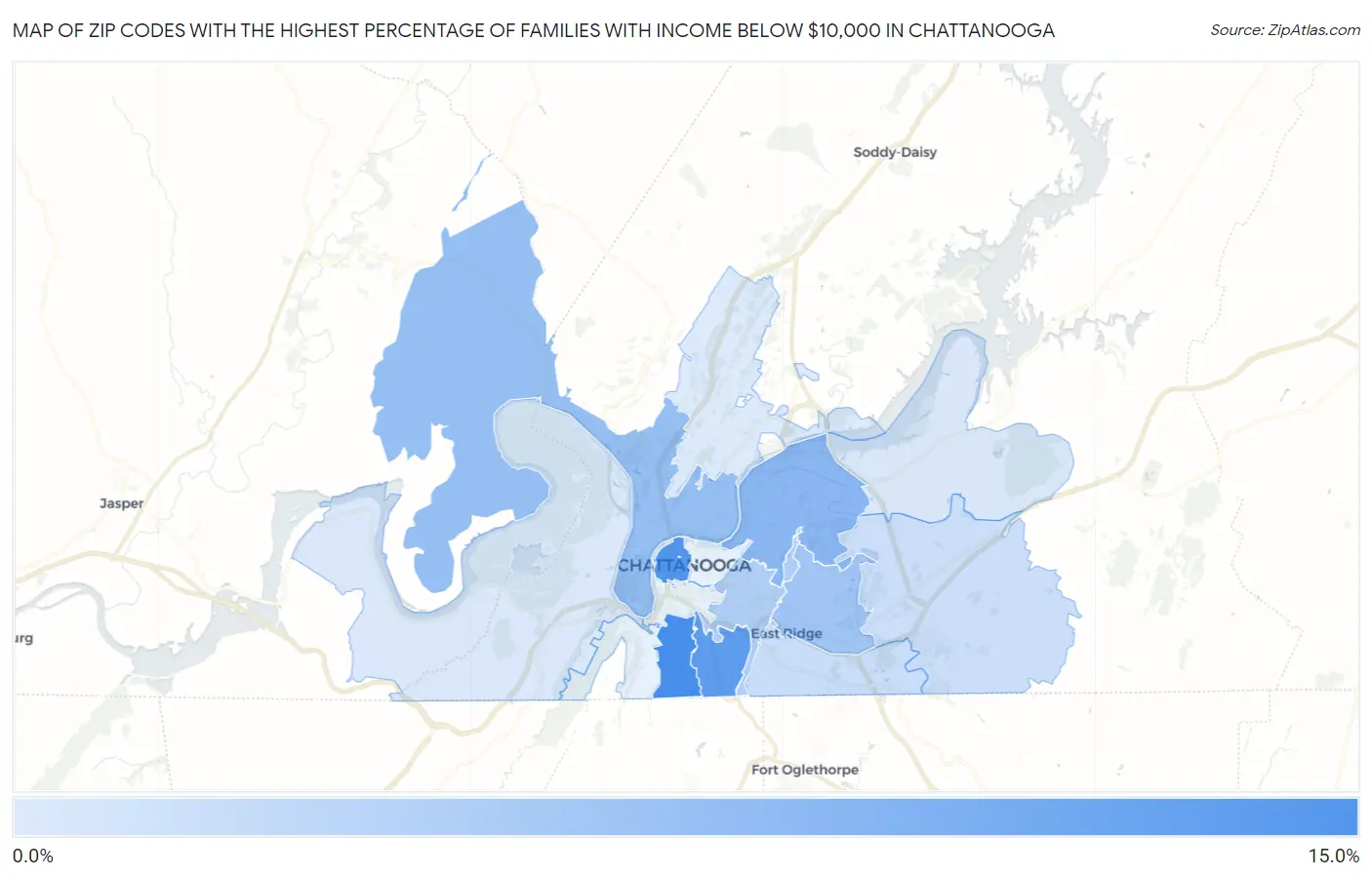 Zip Codes with the Highest Percentage of Families with Income Below $10,000 in Chattanooga Map