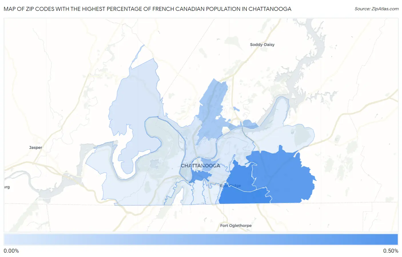 Zip Codes with the Highest Percentage of French Canadian Population in Chattanooga Map