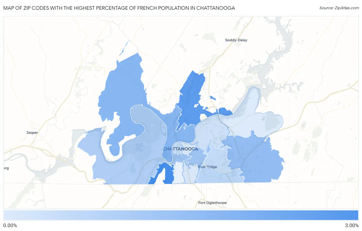 Zip Codes with the Highest Percentage of French Population in Chattanooga Map