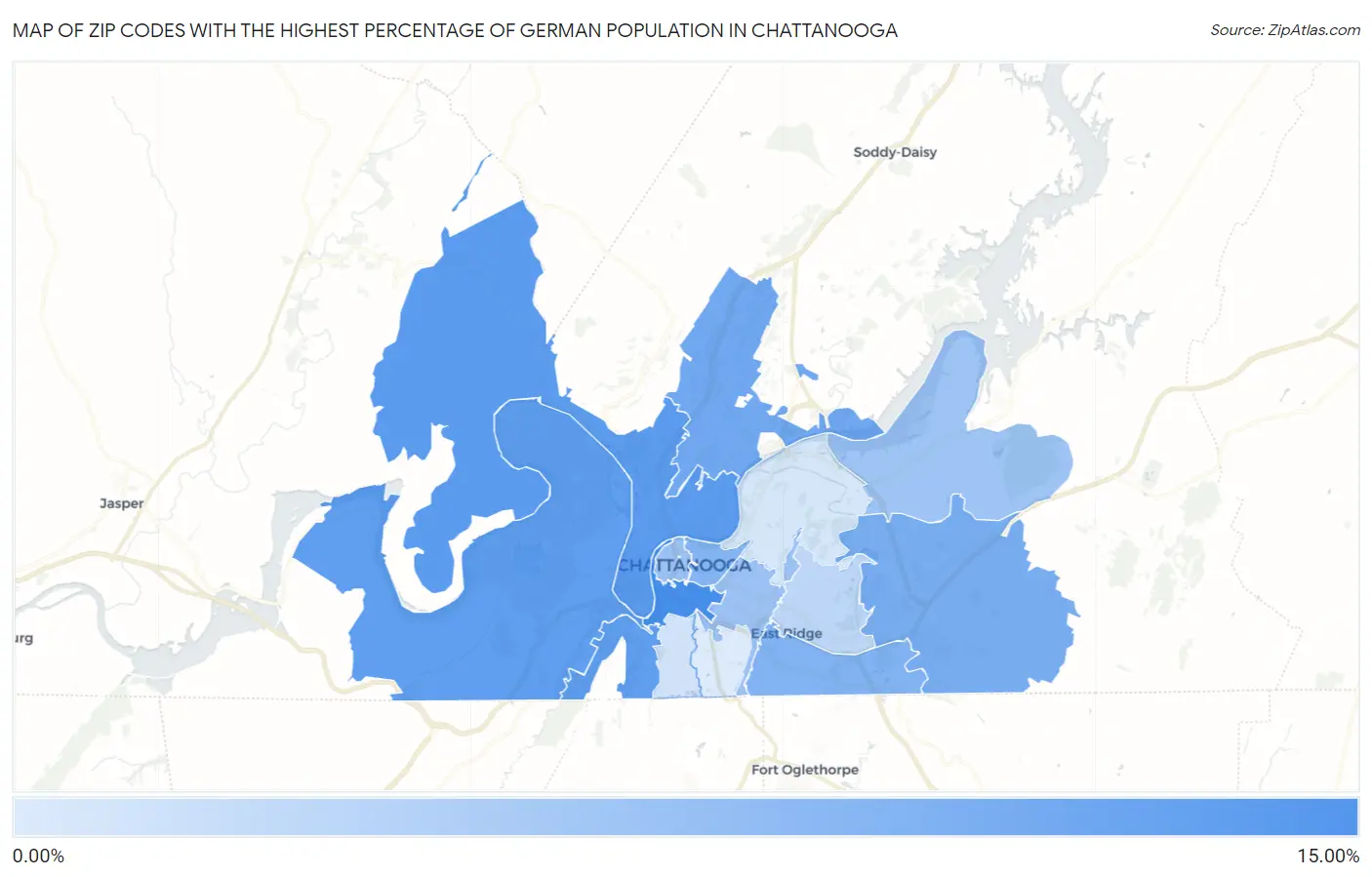 Zip Codes with the Highest Percentage of German Population in Chattanooga Map
