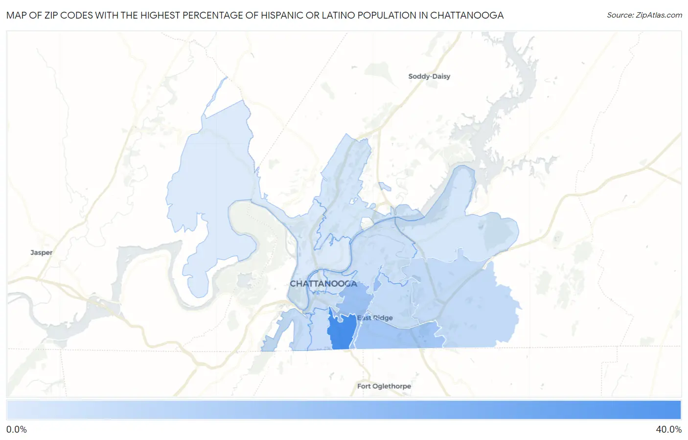 Zip Codes with the Highest Percentage of Hispanic or Latino Population in Chattanooga Map