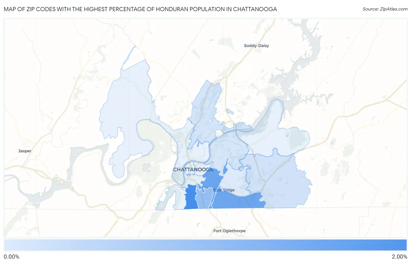 Zip Codes with the Highest Percentage of Honduran Population in Chattanooga Map