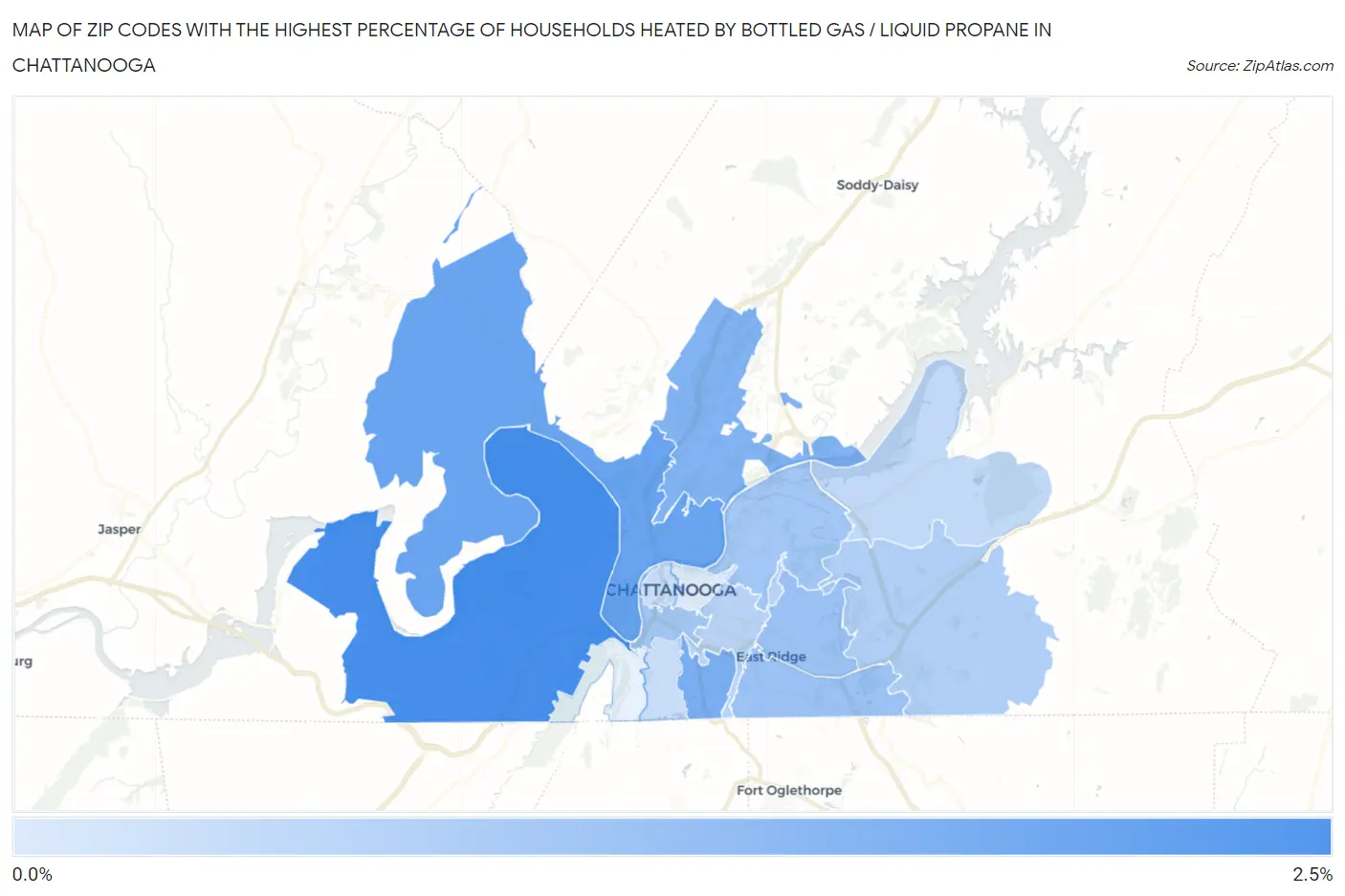 Zip Codes with the Highest Percentage of Households Heated by Bottled Gas / Liquid Propane in Chattanooga Map