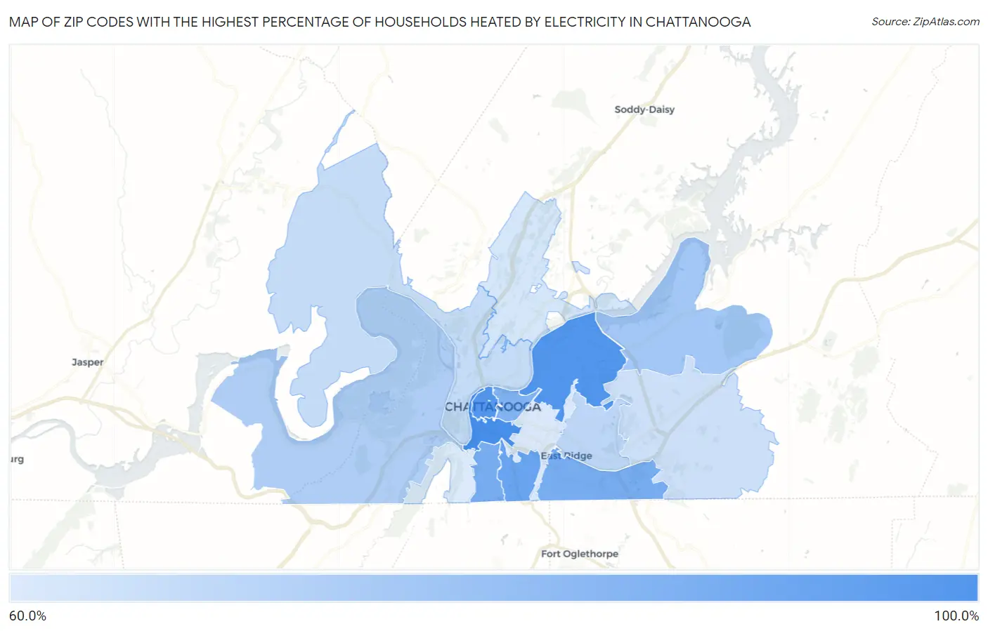 Zip Codes with the Highest Percentage of Households Heated by Electricity in Chattanooga Map