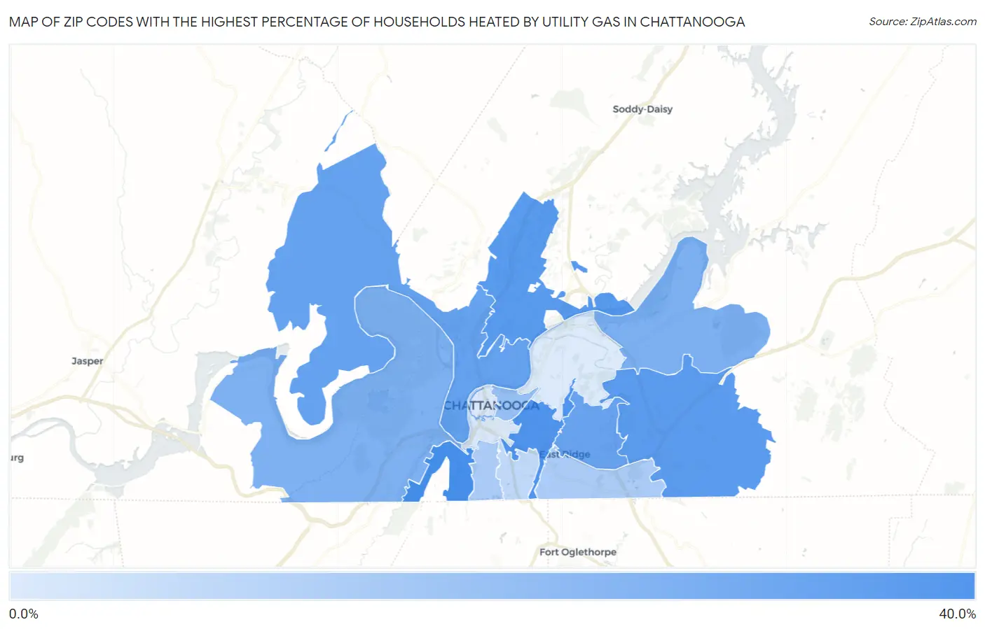 Zip Codes with the Highest Percentage of Households Heated by Utility Gas in Chattanooga Map