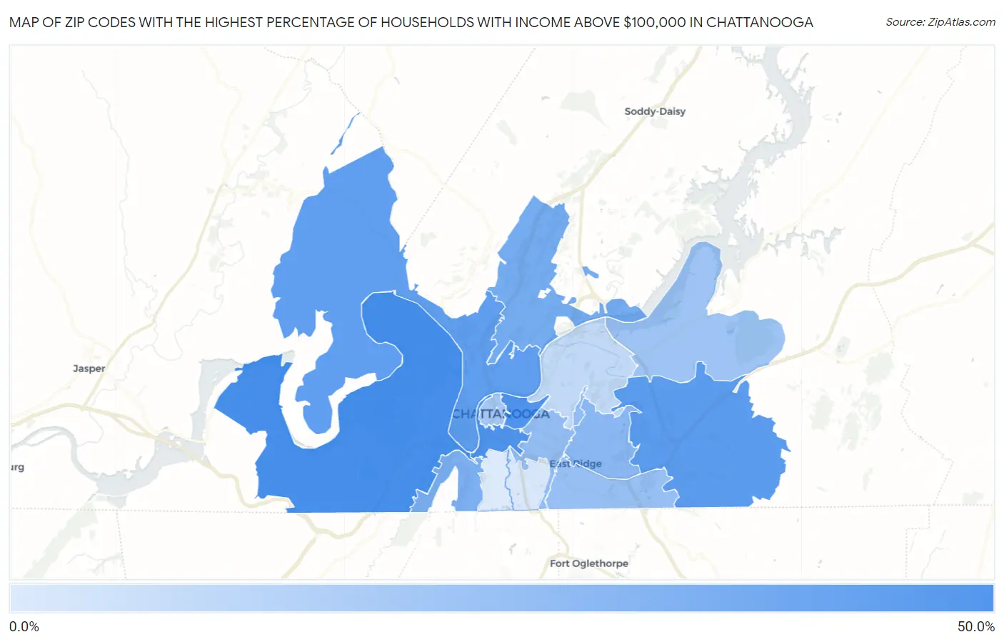 Zip Codes with the Highest Percentage of Households with Income Above $100,000 in Chattanooga Map