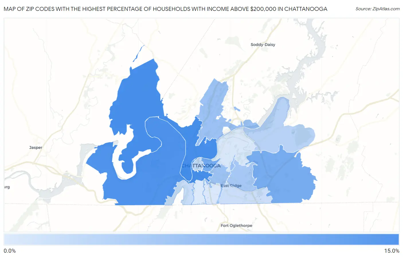 Zip Codes with the Highest Percentage of Households with Income Above $200,000 in Chattanooga Map