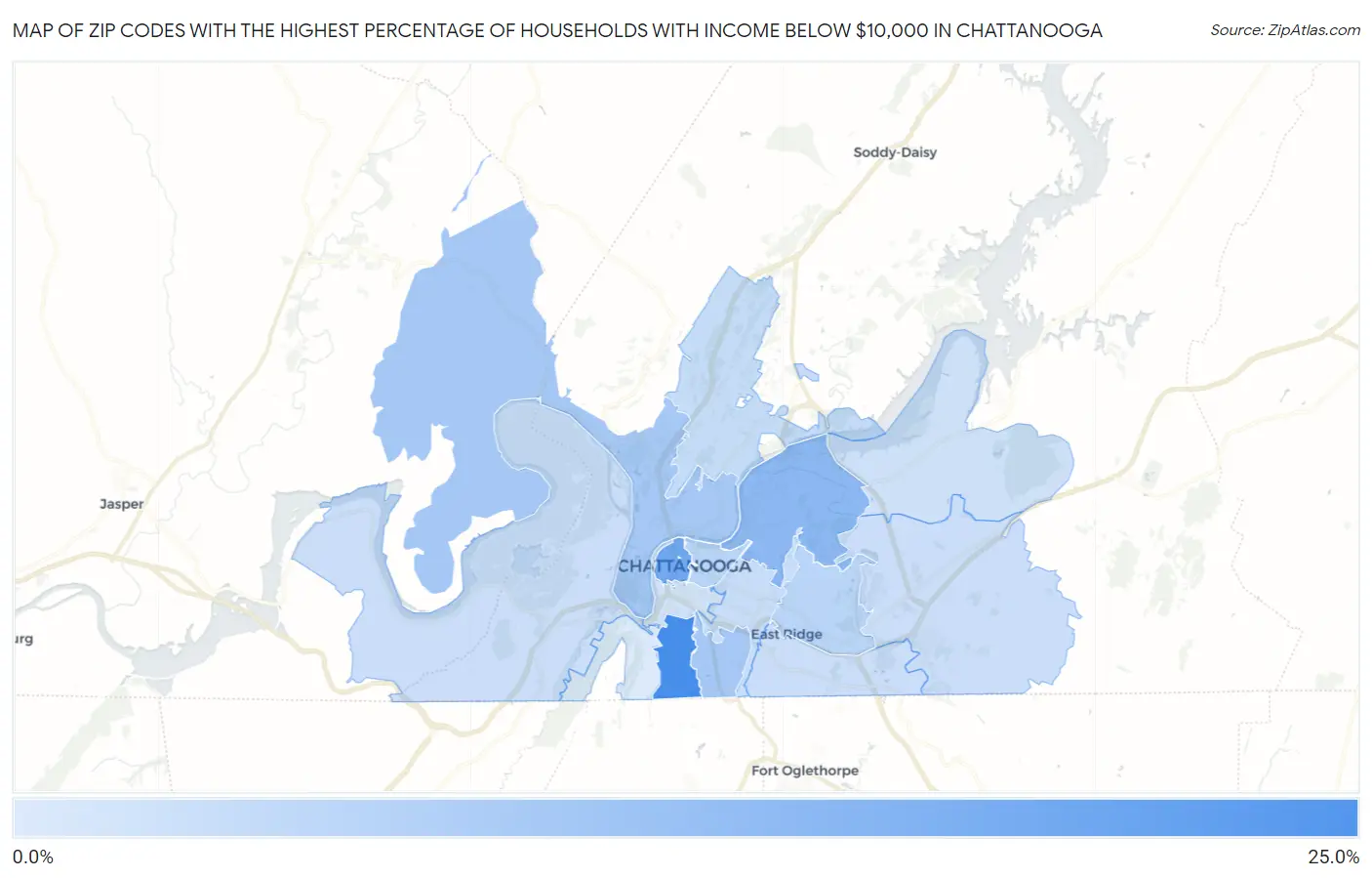 Zip Codes with the Highest Percentage of Households with Income Below $10,000 in Chattanooga Map
