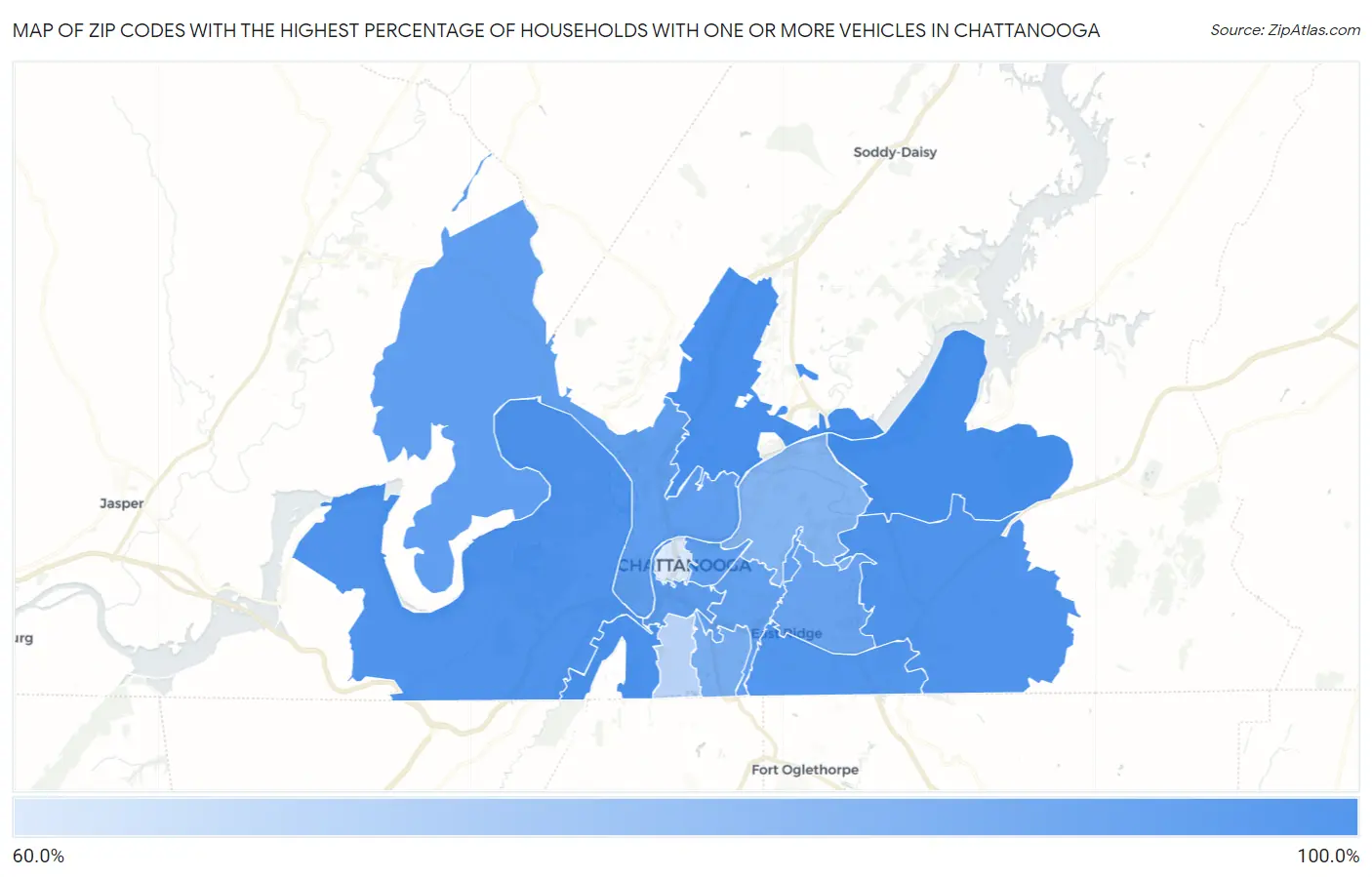 Zip Codes with the Highest Percentage of Households With One or more Vehicles in Chattanooga Map
