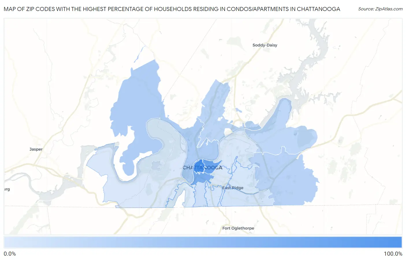 Zip Codes with the Highest Percentage of Households Residing in Condos/Apartments in Chattanooga Map