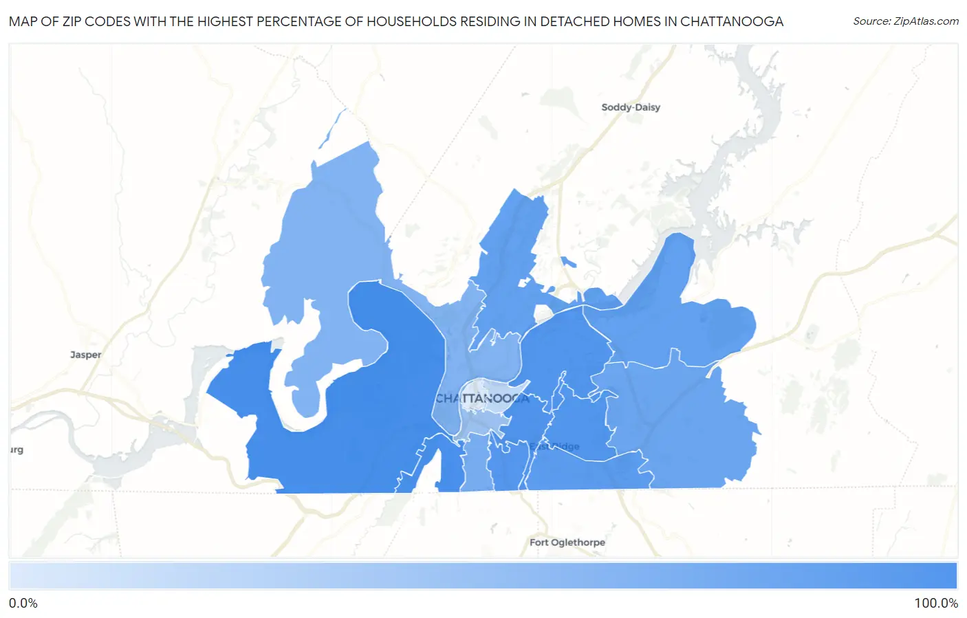 Zip Codes with the Highest Percentage of Households Residing in Detached Homes in Chattanooga Map