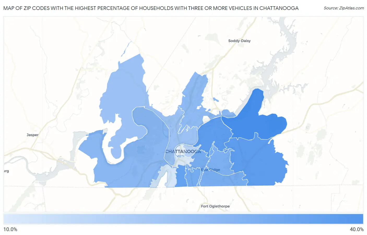 Zip Codes with the Highest Percentage of Households With Three or more Vehicles in Chattanooga Map