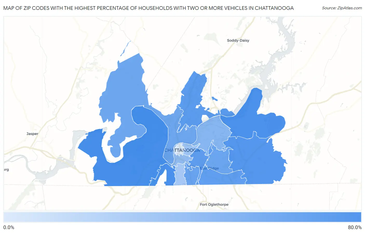 Zip Codes with the Highest Percentage of Households With Two or more Vehicles in Chattanooga Map
