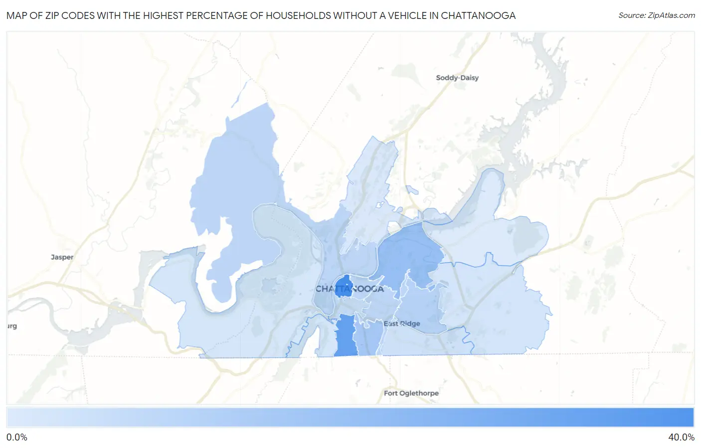 Zip Codes with the Highest Percentage of Households Without a Vehicle in Chattanooga Map