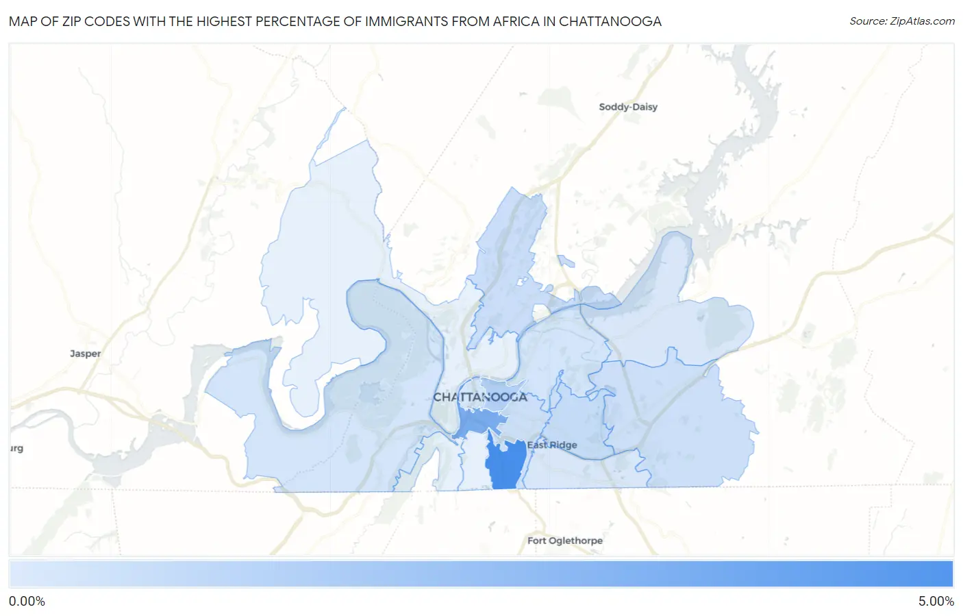 Zip Codes with the Highest Percentage of Immigrants from Africa in Chattanooga Map