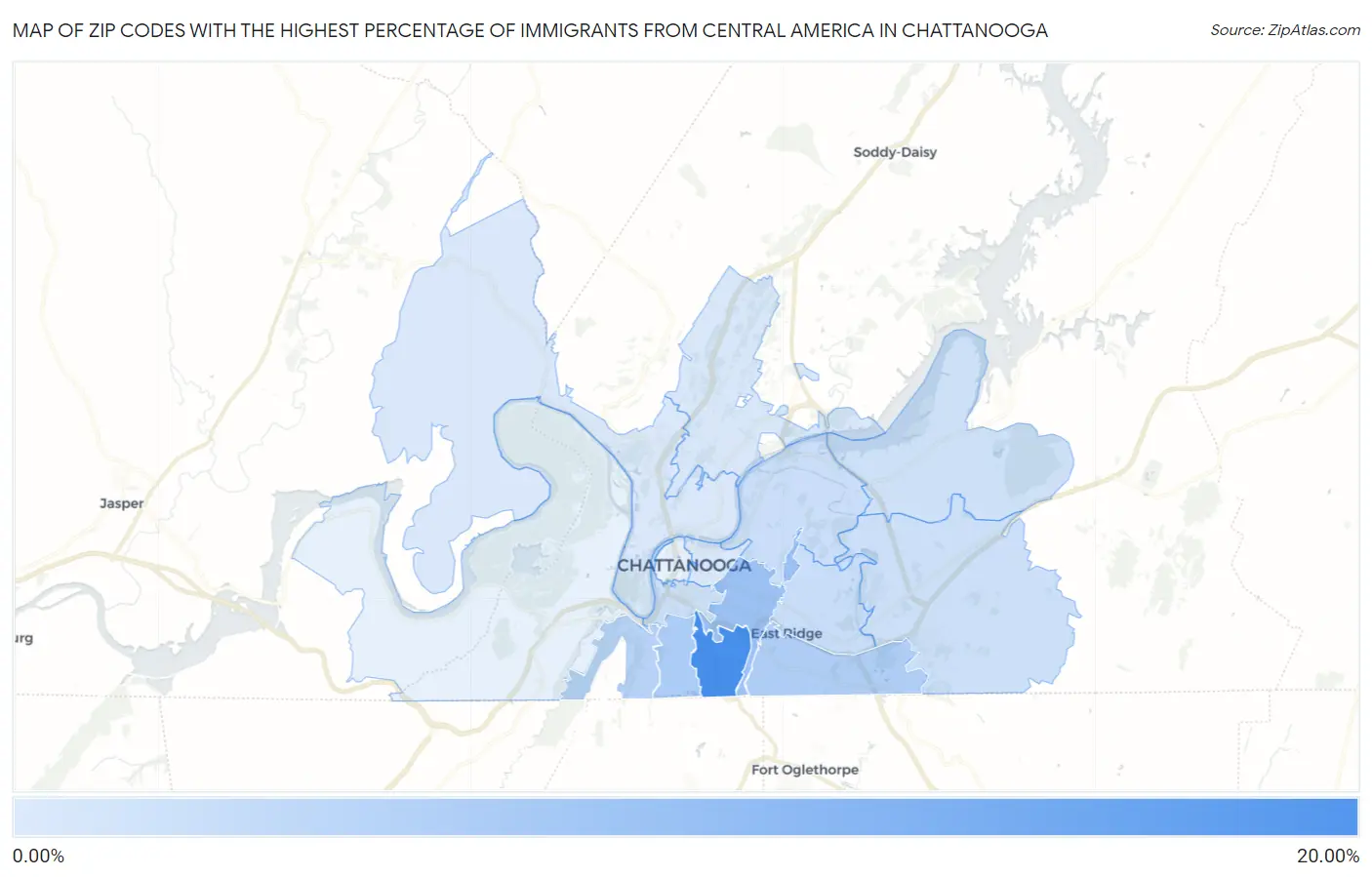 Zip Codes with the Highest Percentage of Immigrants from Central America in Chattanooga Map