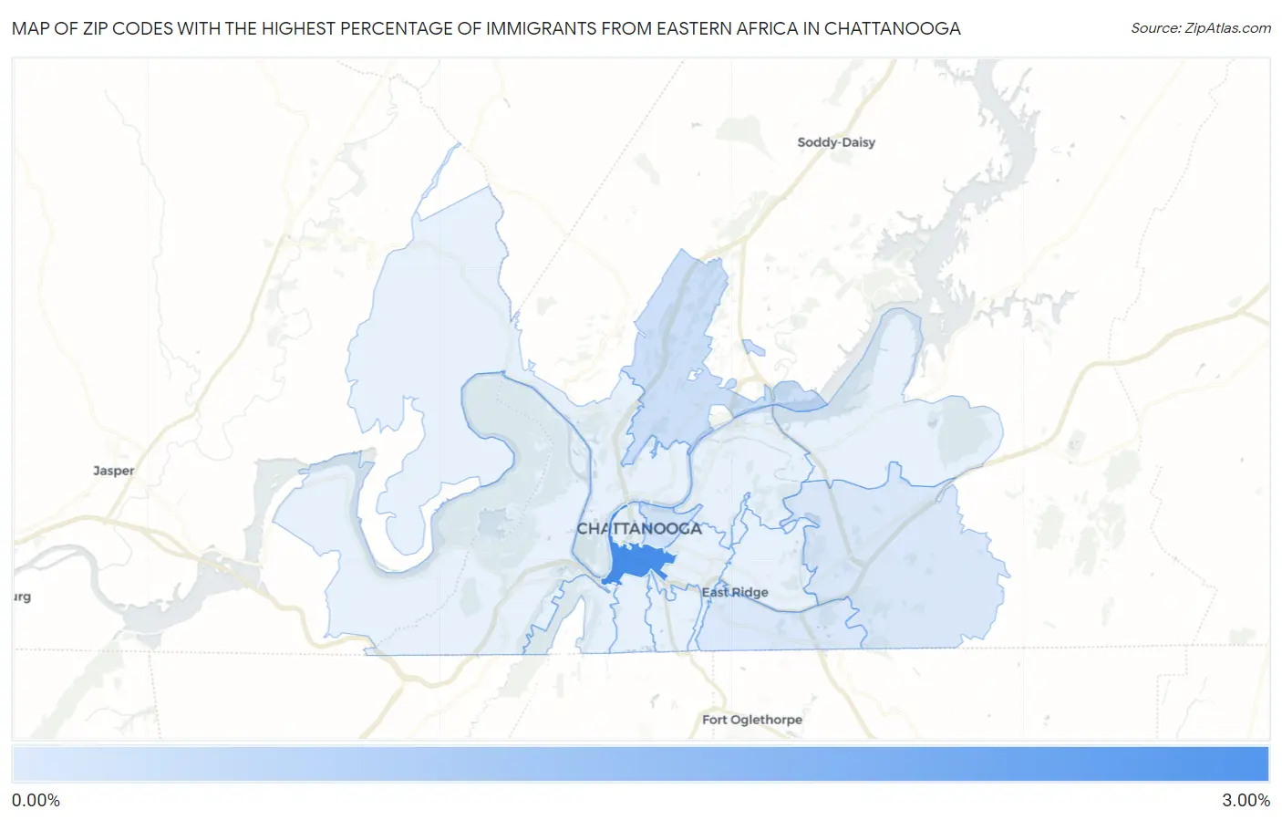 Zip Codes with the Highest Percentage of Immigrants from Eastern Africa in Chattanooga Map