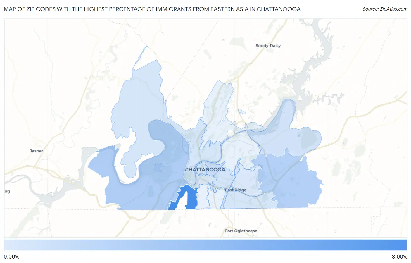 Zip Codes with the Highest Percentage of Immigrants from Eastern Asia in Chattanooga Map