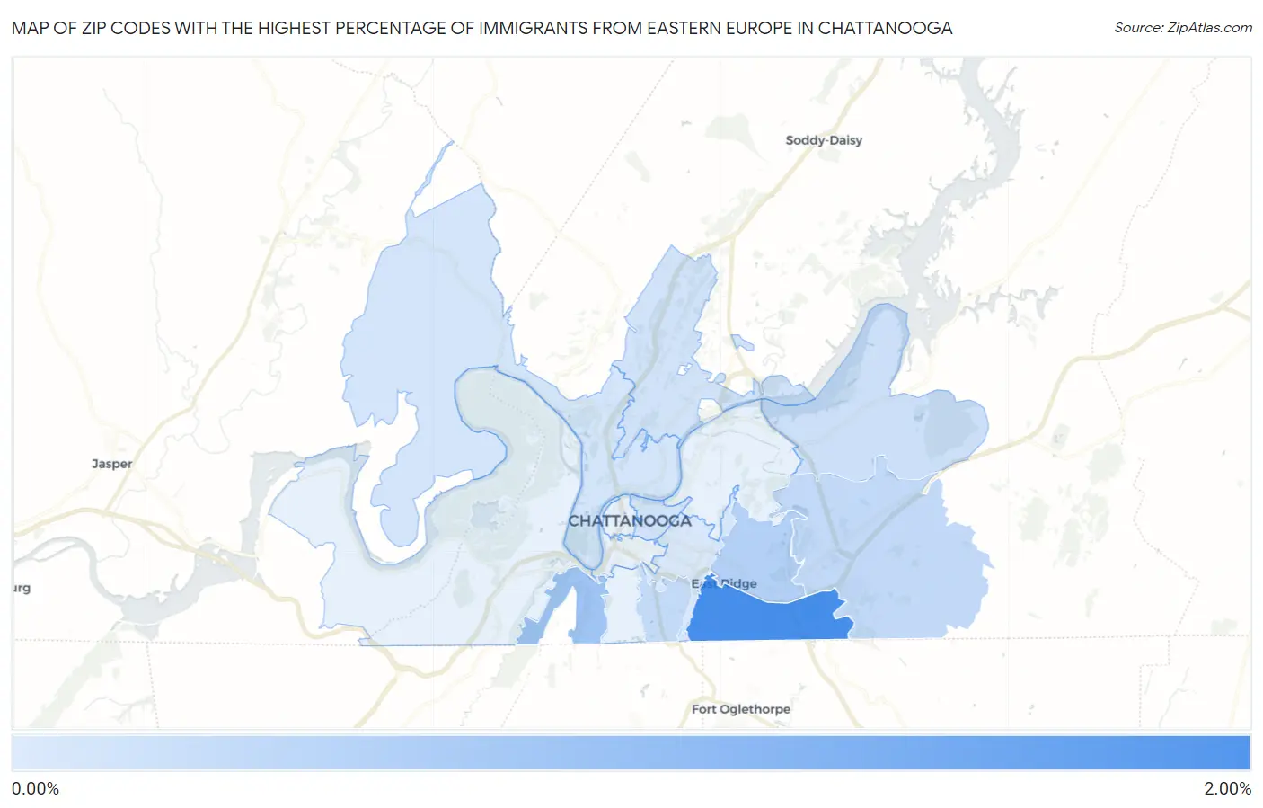 Zip Codes with the Highest Percentage of Immigrants from Eastern Europe in Chattanooga Map