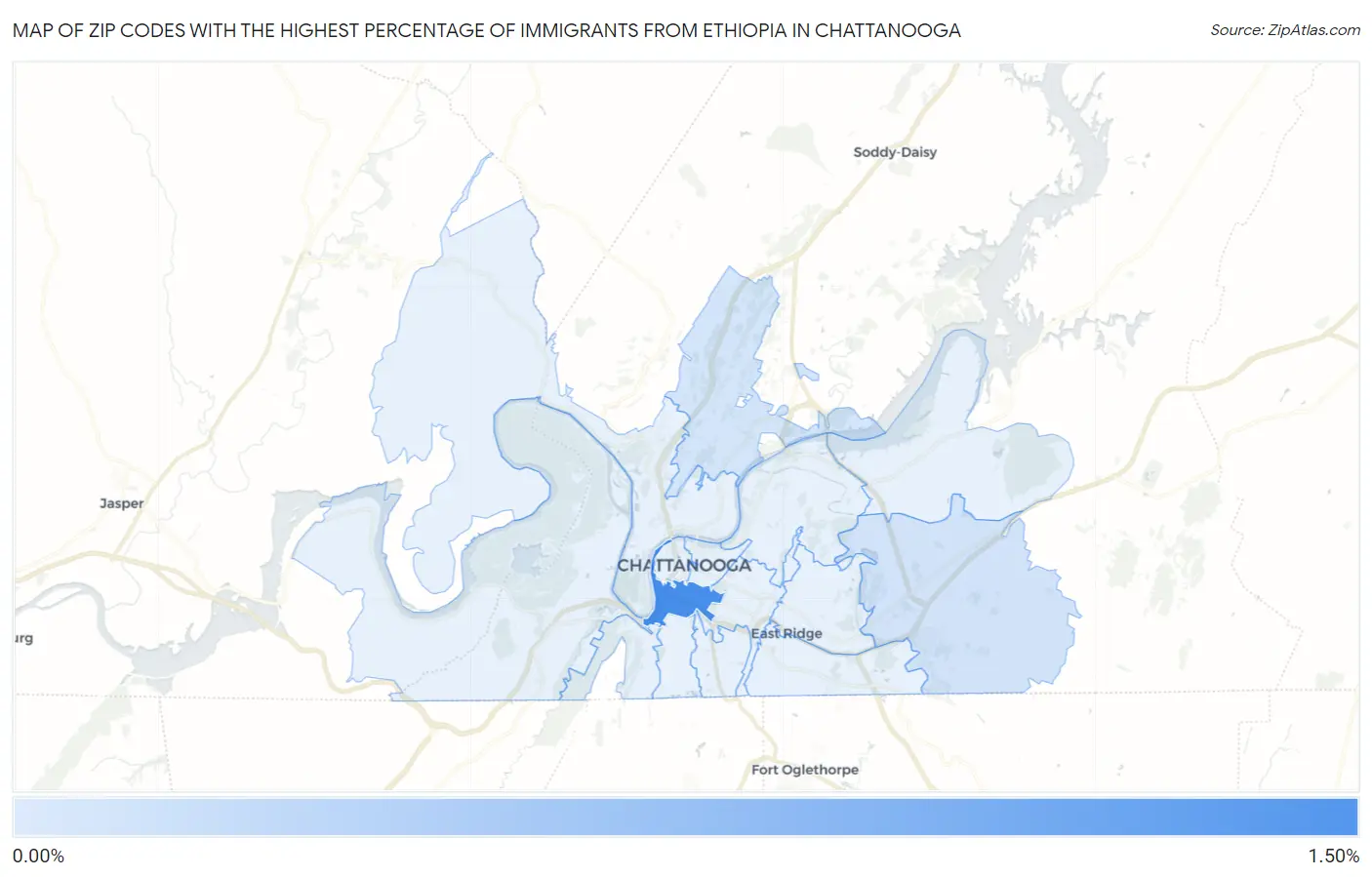 Zip Codes with the Highest Percentage of Immigrants from Ethiopia in Chattanooga Map