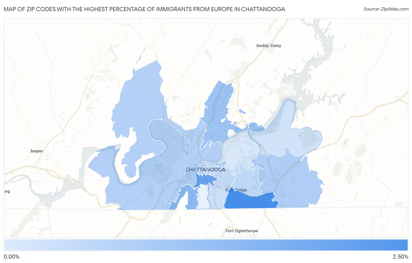 Zip Codes with the Highest Percentage of Immigrants from Europe in Chattanooga Map