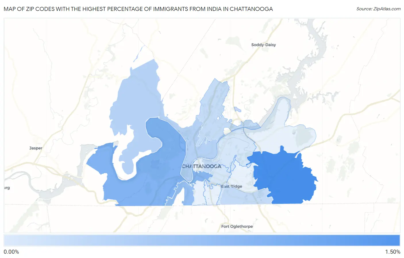 Zip Codes with the Highest Percentage of Immigrants from India in Chattanooga Map
