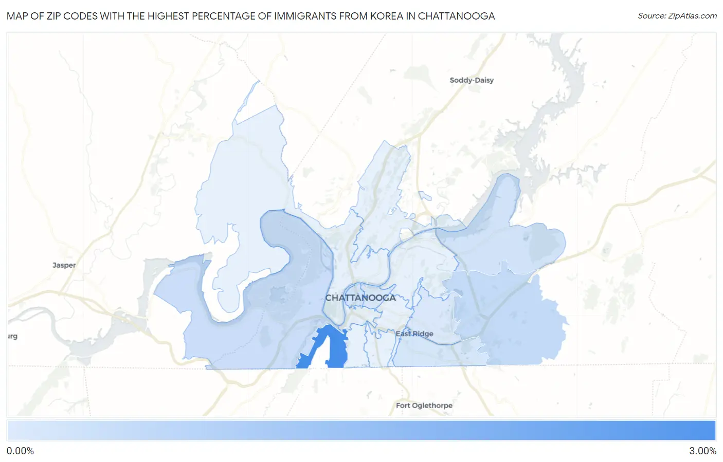Zip Codes with the Highest Percentage of Immigrants from Korea in Chattanooga Map