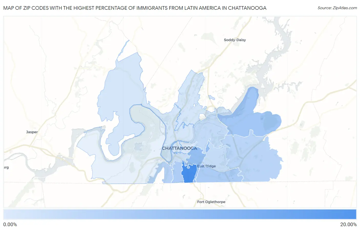 Zip Codes with the Highest Percentage of Immigrants from Latin America in Chattanooga Map