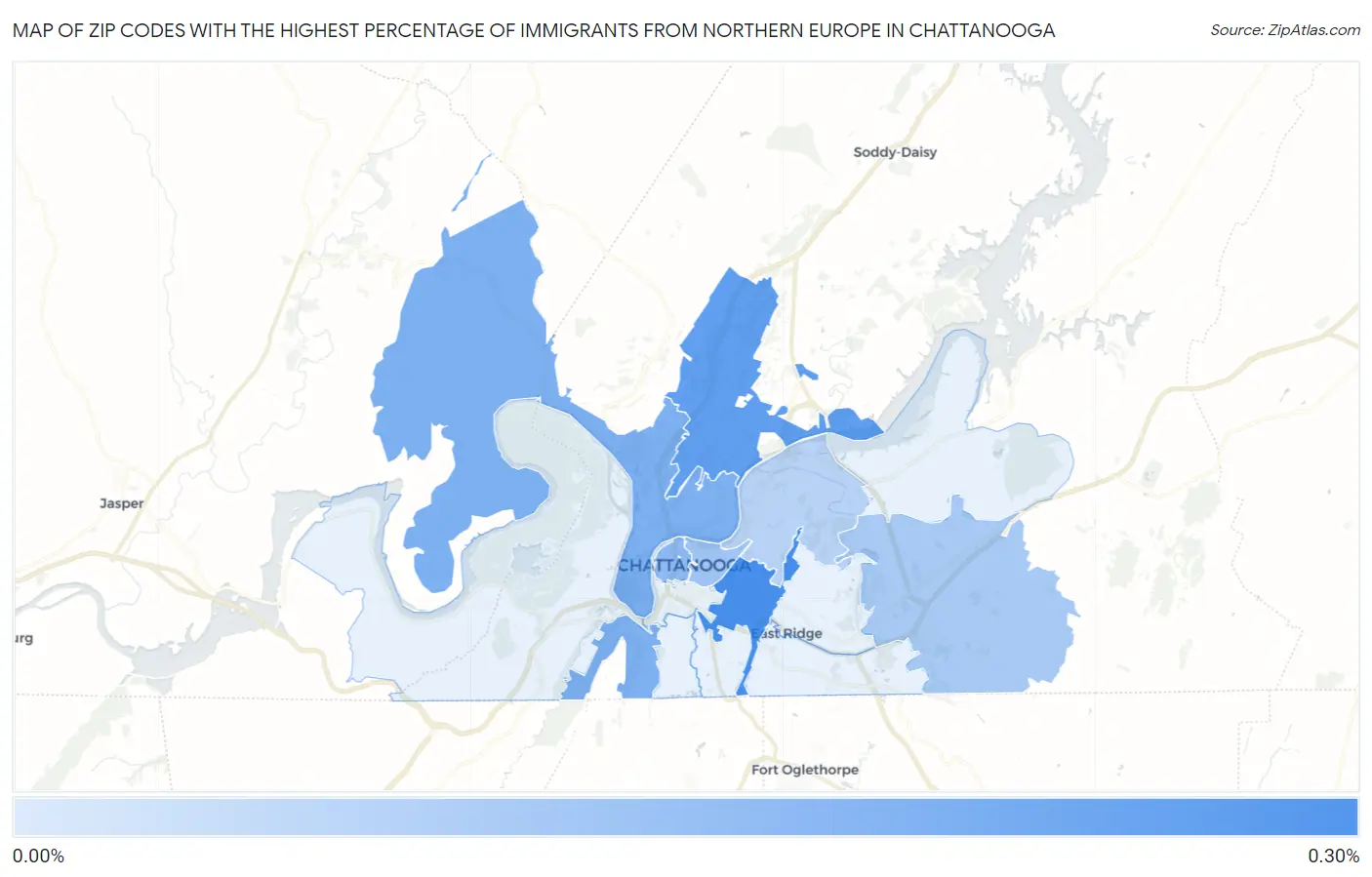 Zip Codes with the Highest Percentage of Immigrants from Northern Europe in Chattanooga Map