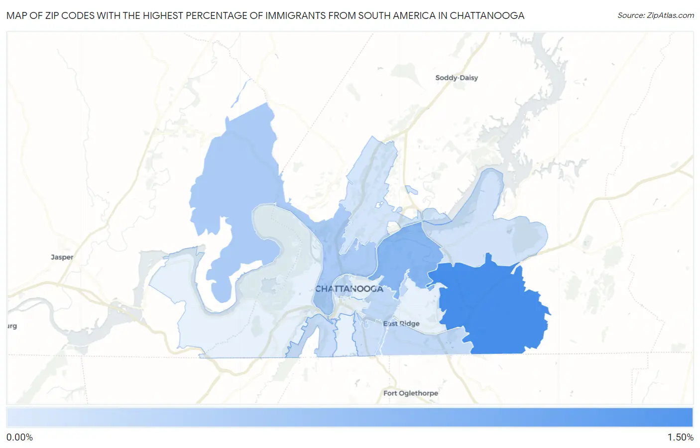 Zip Codes with the Highest Percentage of Immigrants from South America in Chattanooga Map