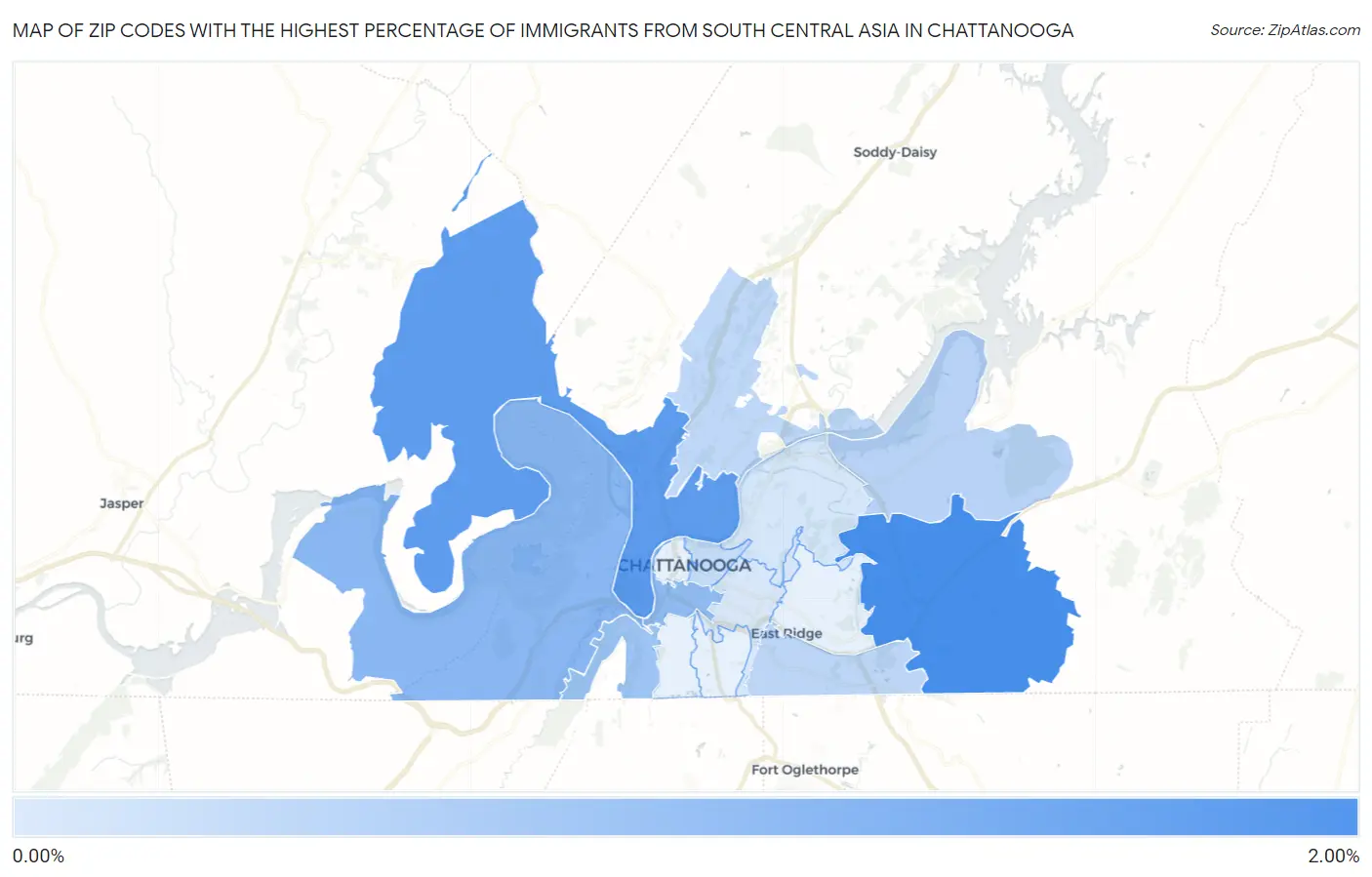 Zip Codes with the Highest Percentage of Immigrants from South Central Asia in Chattanooga Map
