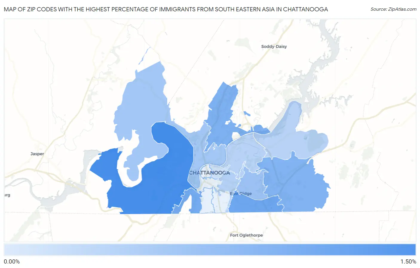 Zip Codes with the Highest Percentage of Immigrants from South Eastern Asia in Chattanooga Map