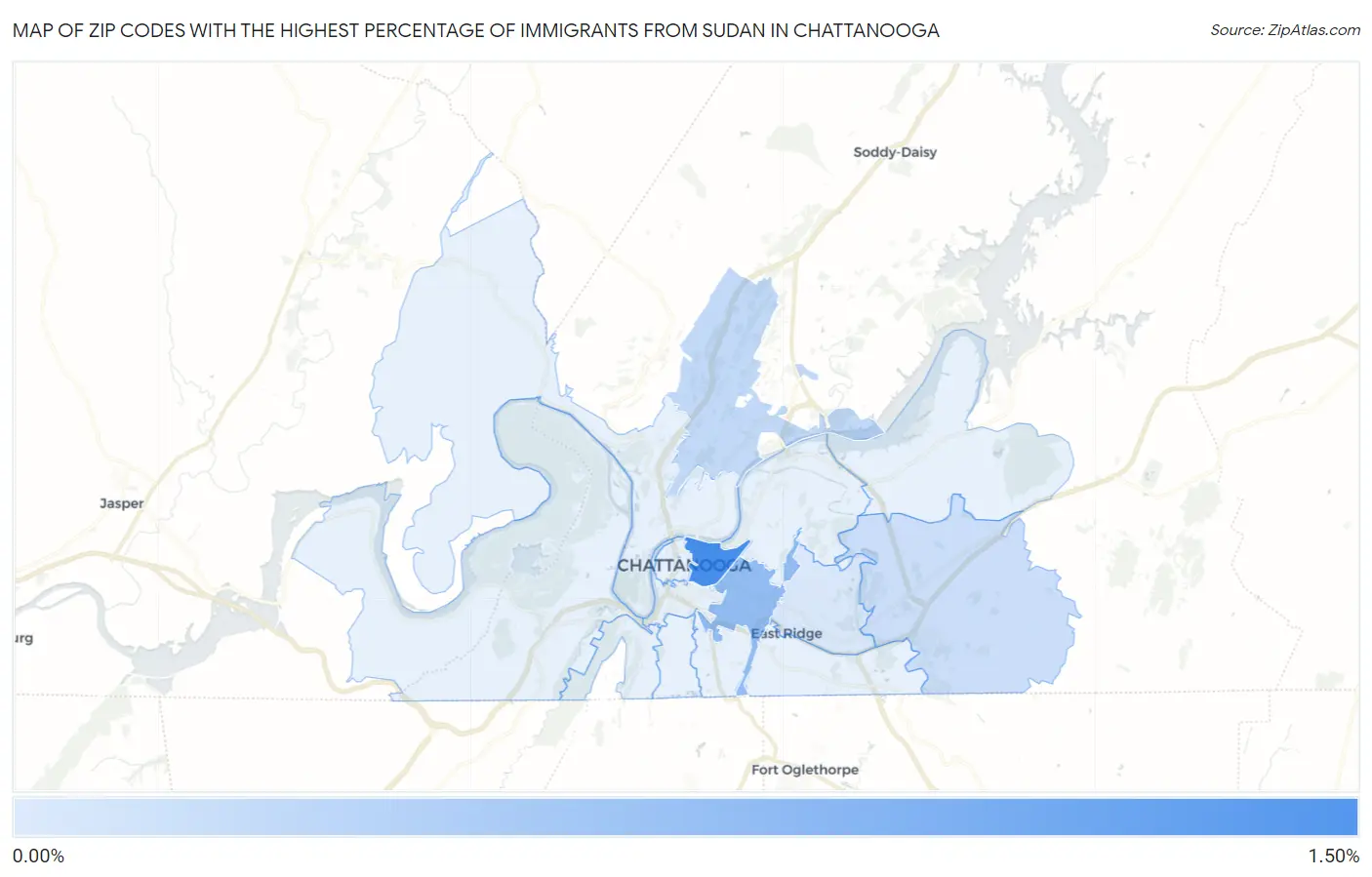 Zip Codes with the Highest Percentage of Immigrants from Sudan in Chattanooga Map