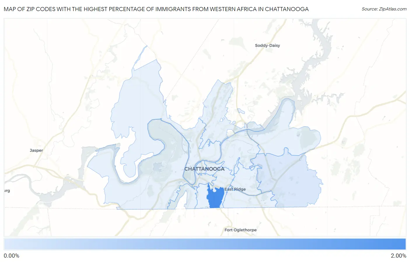 Zip Codes with the Highest Percentage of Immigrants from Western Africa in Chattanooga Map